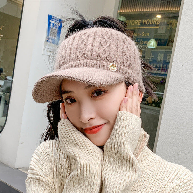Autumn And Winter Korean Style Versatile Knitted Rabbit Fur Knitted Hat Fleece-lined Thick Warm Earflaps Peaked Cap