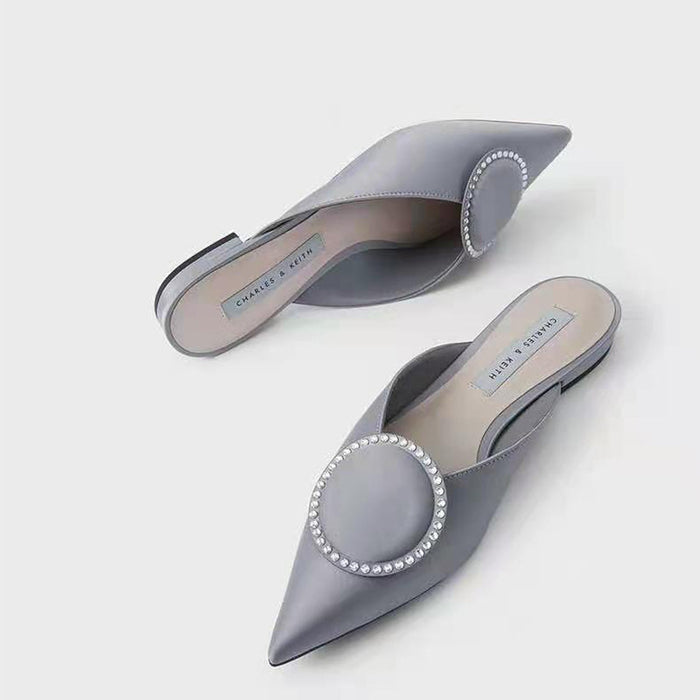 Shallow Mouth Toe Cap Metal Slingback Mules Silk Top Rhinestone Small Ck Flat Shoes