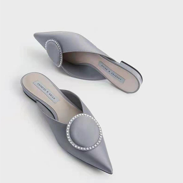 Shallow Mouth Toe Cap Metal Slingback Mules Silk Top Rhinestone Small Ck Flat Shoes