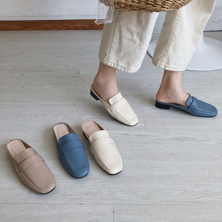 Womens Flats Shoes Mules Slippers Cover Toe Loafers Pu