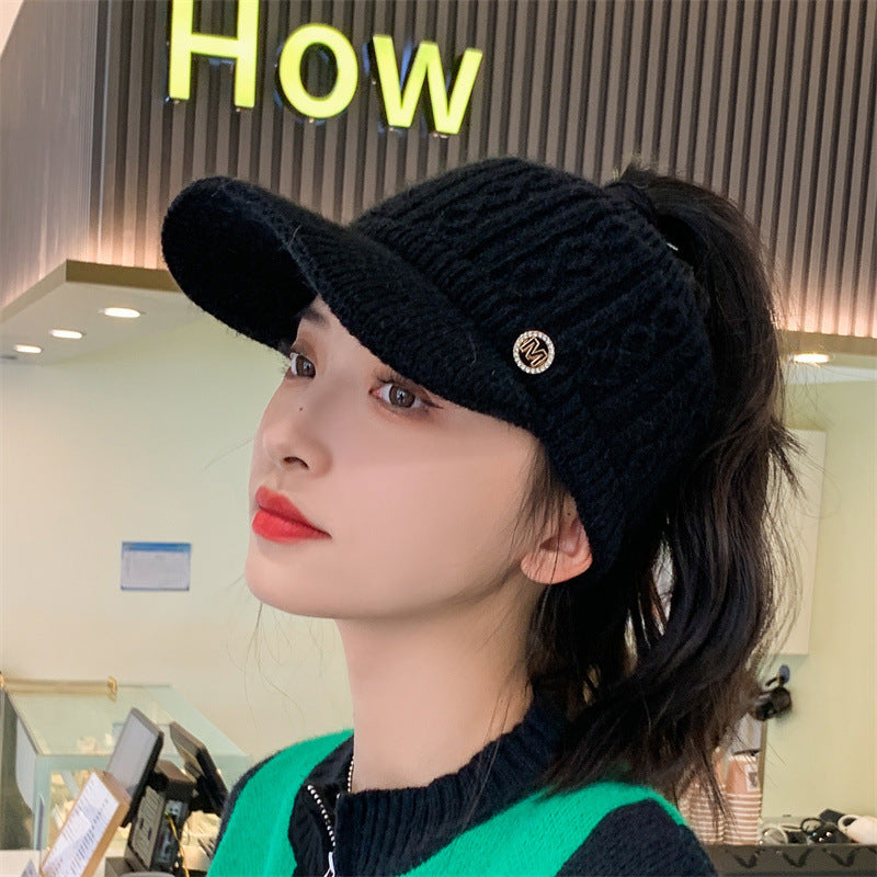 Autumn And Winter Korean Style Versatile Knitted Rabbit Fur Knitted Hat Fleece-lined Thick Warm Earflaps Peaked Cap