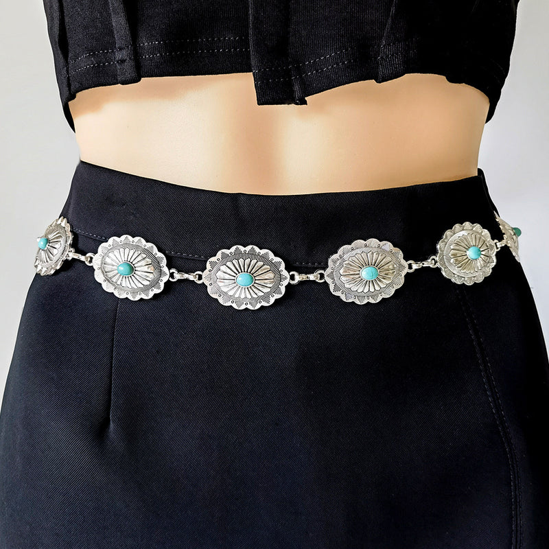 Turquoise Inlaid Waist Chain Ancient Carving Vintage Gold Accessories