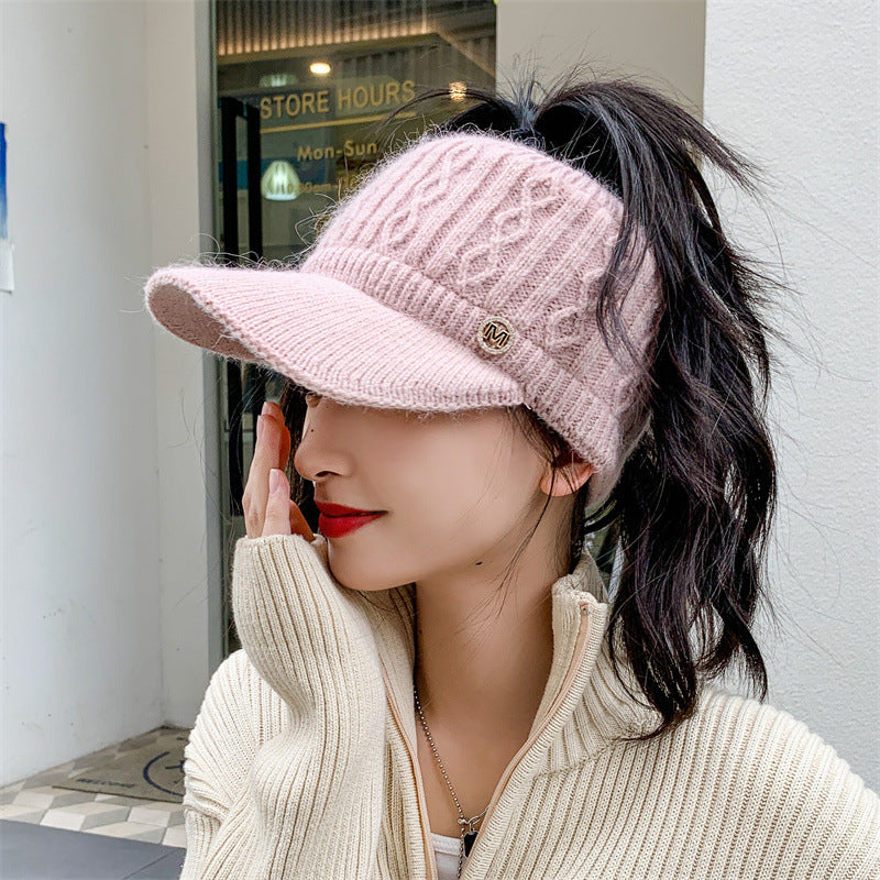Autumn And Winter Korean Style Versatile Knitted Rabbit Fur Knitted Hat Fleece-lined Thick Warm Earflaps Peaked Cap