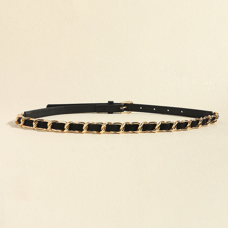 European And American Simple Women's Metal Chain Woven PU Stitching Belt Punk Versatile Simple Waist Chain