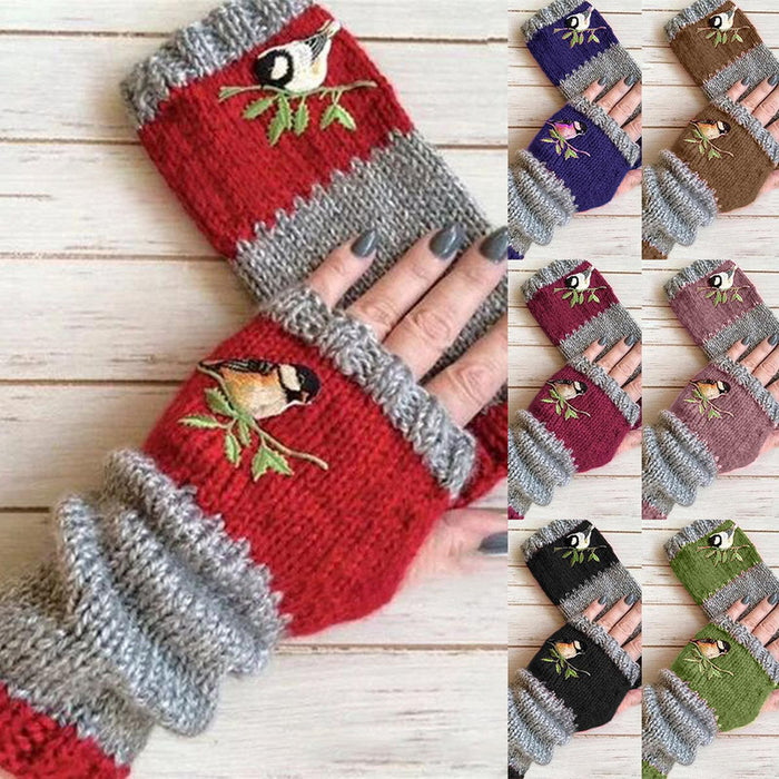 Fashion Warm Stitching Embroidered Gloves Women