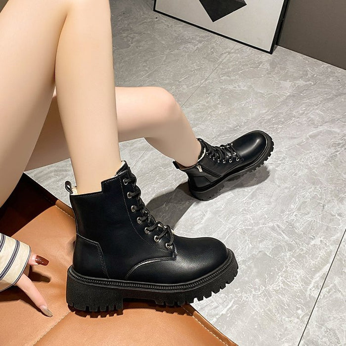 Square Heel Round Head Solid Color British Style Retro Casual Platform Women's Boots