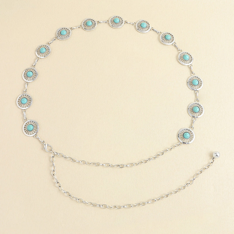 Turquoise Inlaid Waist Chain Ancient Carving Vintage Gold Accessories