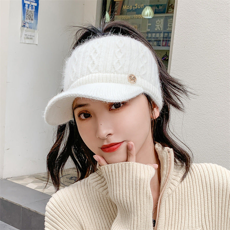 Autumn And Winter Korean Style Versatile Knitted Rabbit Fur Knitted Hat Fleece-lined Thick Warm Earflaps Peaked Cap