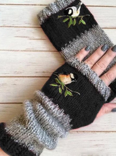 Fashion Warm Stitching Embroidered Gloves Women