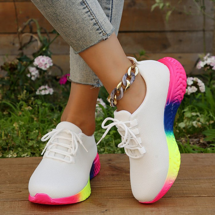 Lace-up Mesh Shoes With Rainbow Sole Design Fashion Walking Running Sports Shoes Sneakers For Women