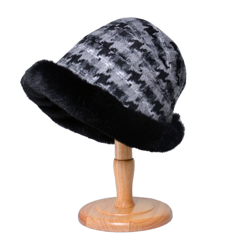 Houndstooth Ethnic Style Warm Thickened Bucket Hat
