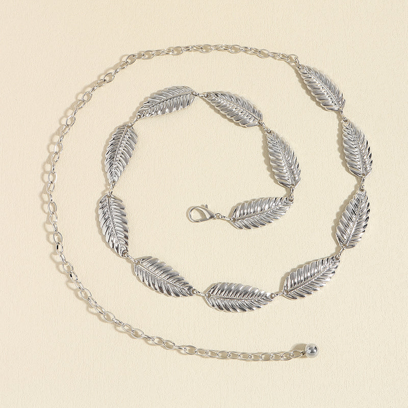 Metallic Silver Women's Waist Chain Feather Leaves Everything Dress Shirt Chain Simple Accessories