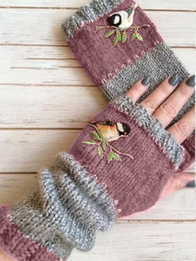 Fashion Warm Stitching Embroidered Gloves Women