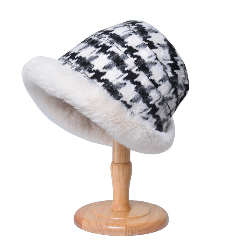 Houndstooth Ethnic Style Warm Thickened Bucket Hat