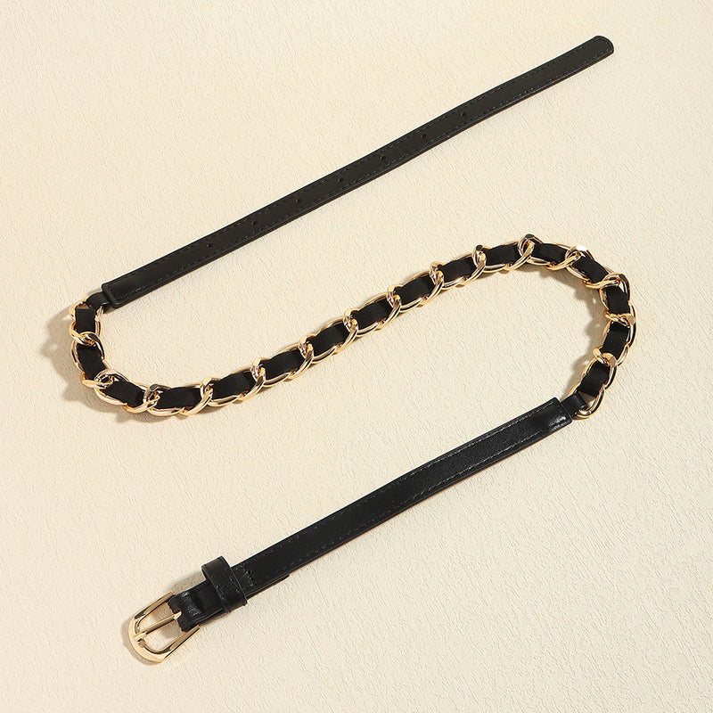 European And American Simple Women's Metal Chain Woven PU Stitching Belt Punk Versatile Simple Waist Chain