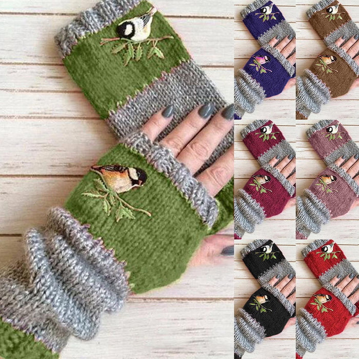 Fashion Warm Stitching Embroidered Gloves Women