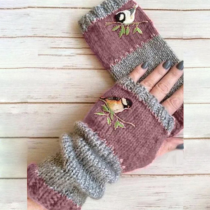 Fashion Warm Stitching Embroidered Gloves Women