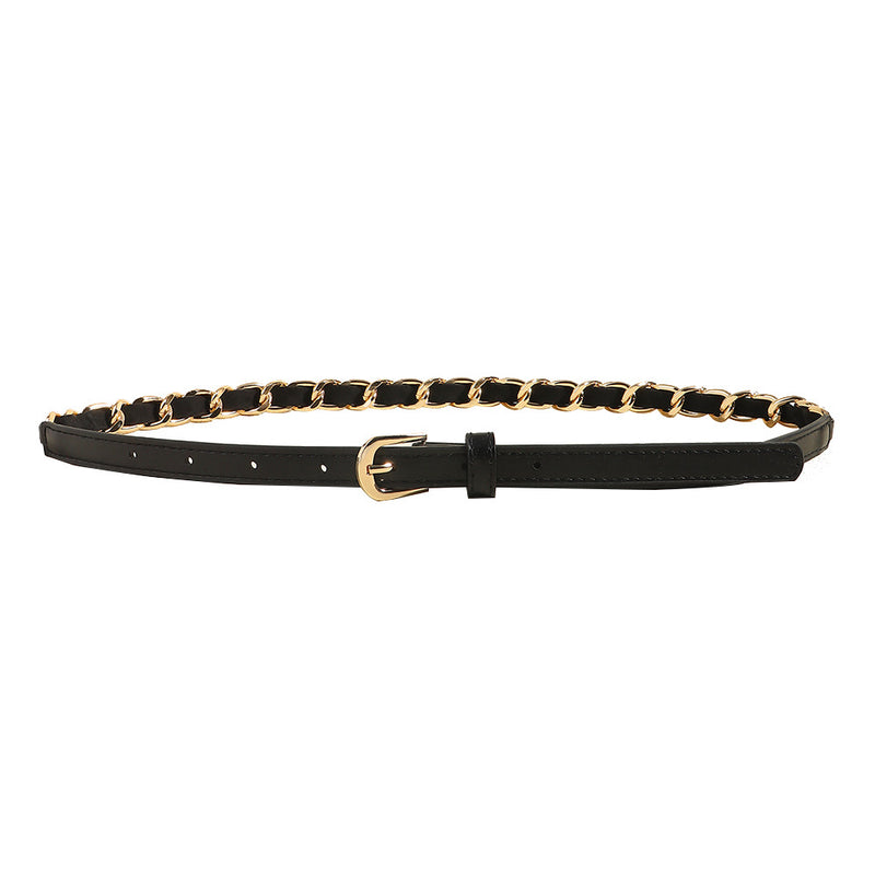 European And American Simple Women's Metal Chain Woven PU Stitching Belt Punk Versatile Simple Waist Chain