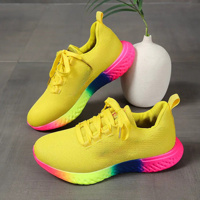 Lace-up Mesh Shoes With Rainbow Sole Design Fashion Walking Running Sports Shoes Sneakers For Women
