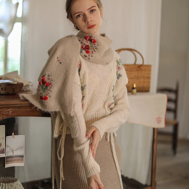 Face Art Handmade Embroidered 3D Hooked Lamb Hair Soft And Versatile French Scarf
