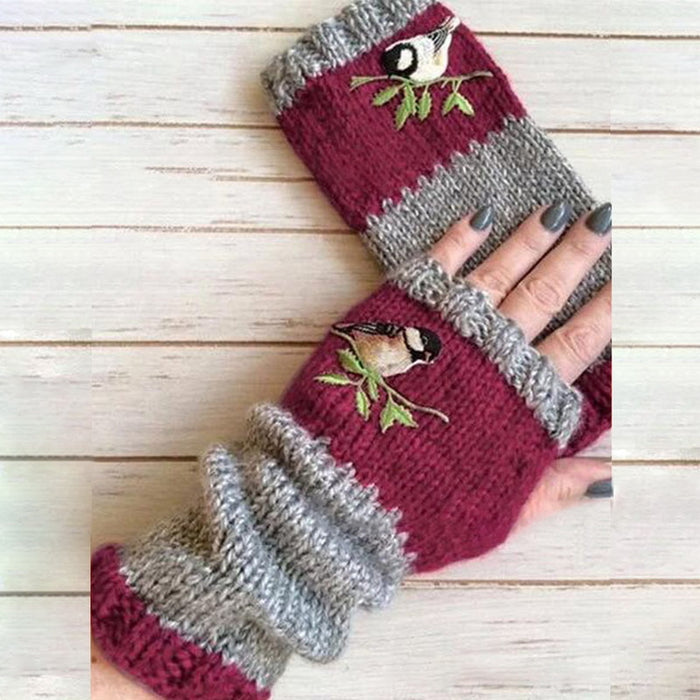 Fashion Warm Stitching Embroidered Gloves Women