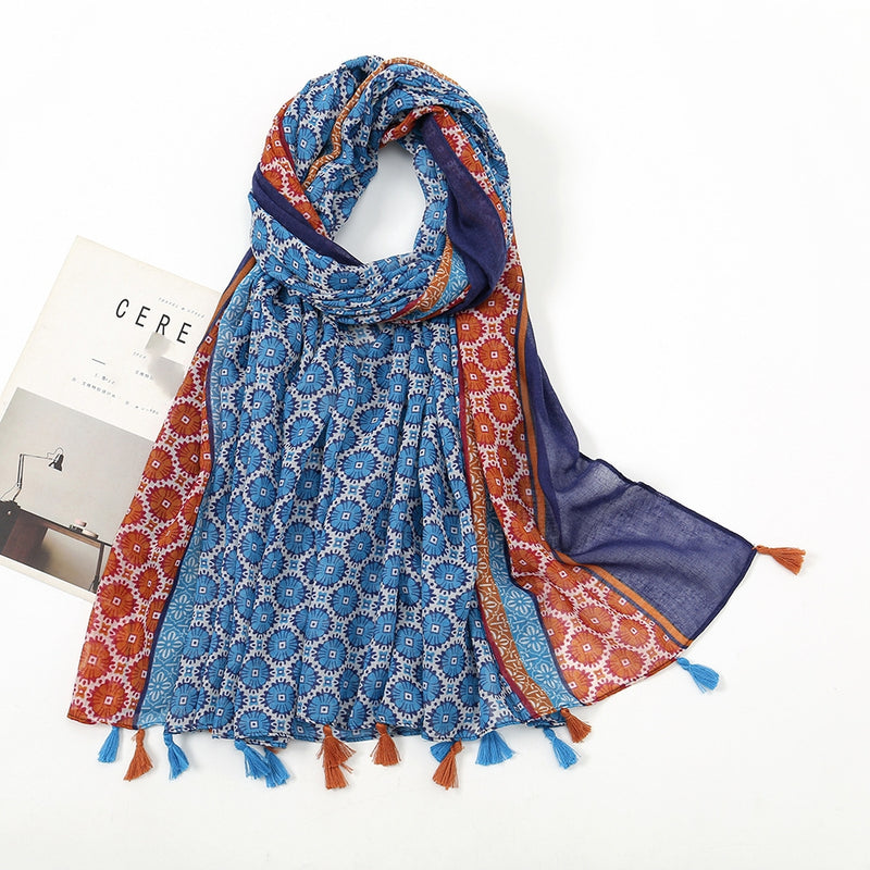 New Voile Tassel Retro Printed Geometric Versatile Fashion Travel Sun Protection Shawl Scarf