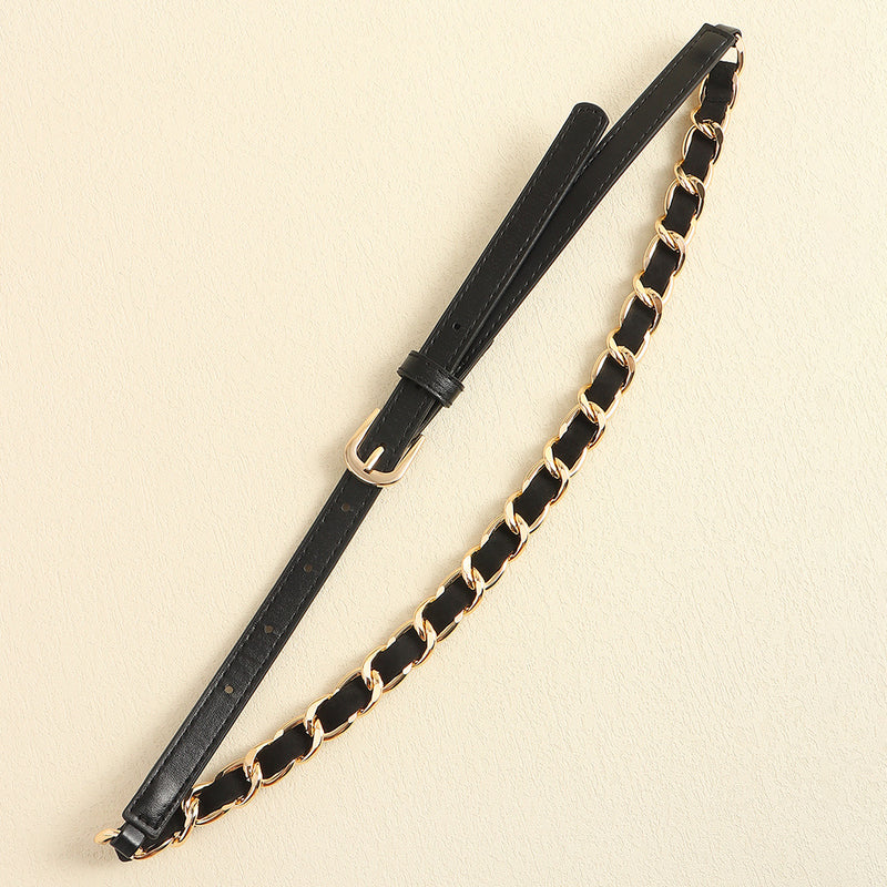 European And American Simple Women's Metal Chain Woven PU Stitching Belt Punk Versatile Simple Waist Chain