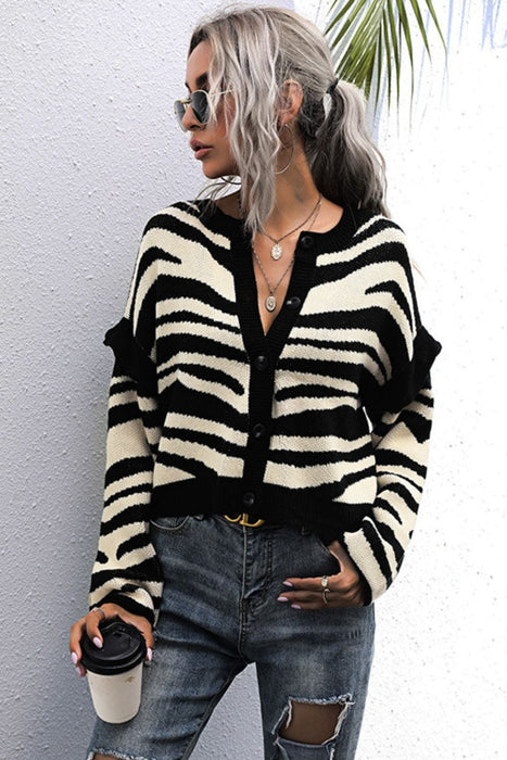 Woven Right Striped Button-Down Round Neck Drop Shoulder Cardigan