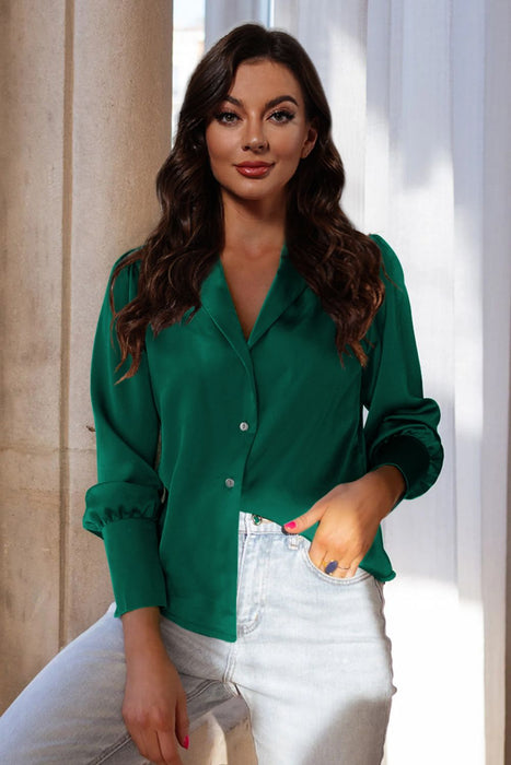 Double Take Lapel Collar Buttoned Puff Sleeve Shirt