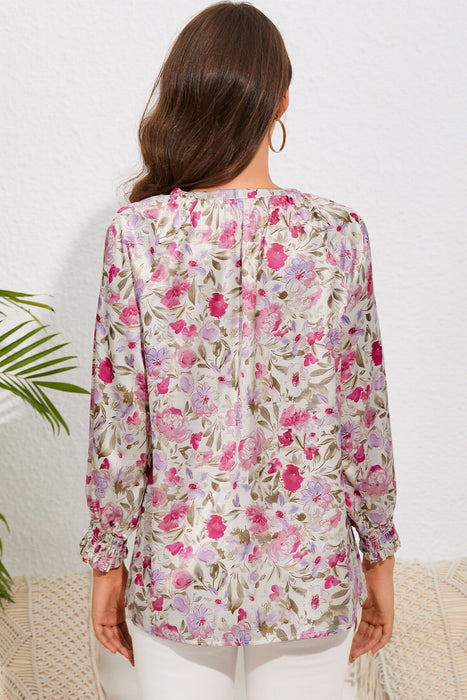 Double Take Floral V-Neck Long Sleeve Shirt