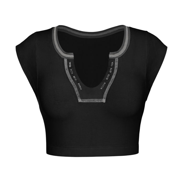Notched Neck Cap Sleeve Cropped Tee