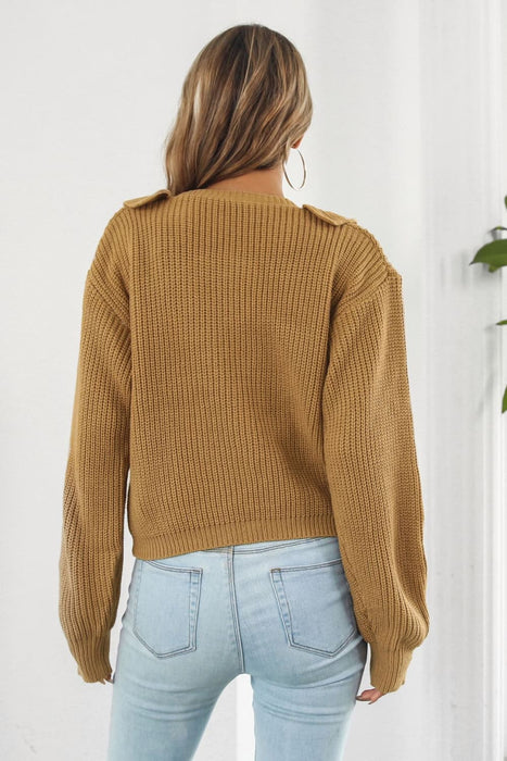 Ruffle Trim Button-Down Dropped Shoulder Sweater