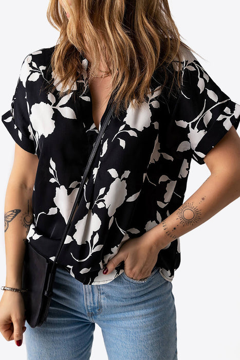 Floral Notched Neck Cuffed Short Sleeve Blouse